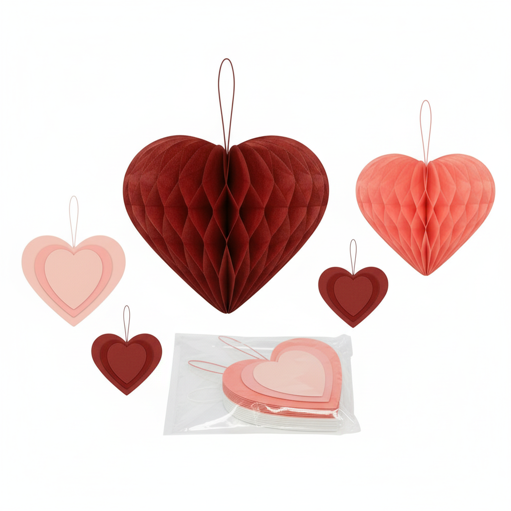 Red and coral honeycomb paper hearts with layered flat hearts, visible hanging loops and compact transparent packaging.