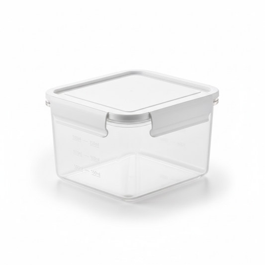 Transparent food storage container with side measurement scale markings and white snap lid on pure white background