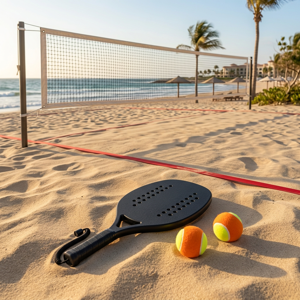 Beach tennis racket and felt balls on a sandy beach court beside the net