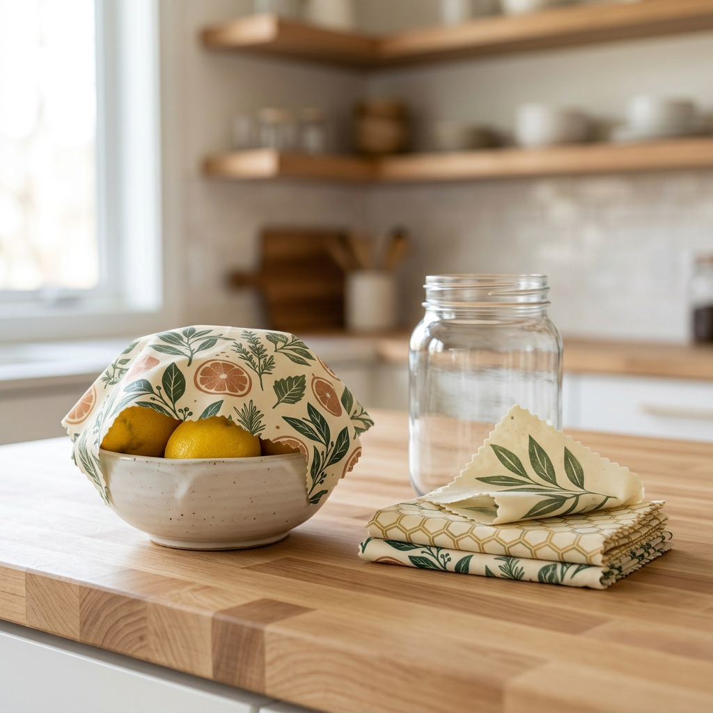 Custom reusable food wraps displayed on a wooden counter covering a ceramic bowl in a kitchen setting