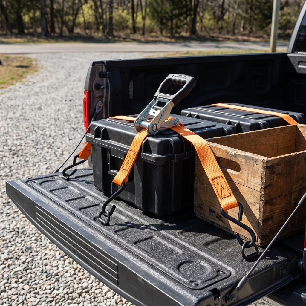 Orange ratchet tie-down strap tensioned securely across cargo cases and crates in the open bed of a pickup truck in daylight