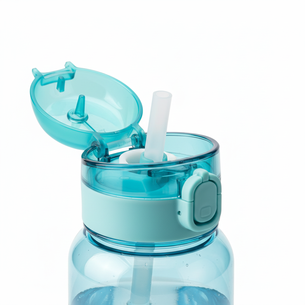 Close-up of flip-top straw lid, silicone mouthpiece, and push button on white background