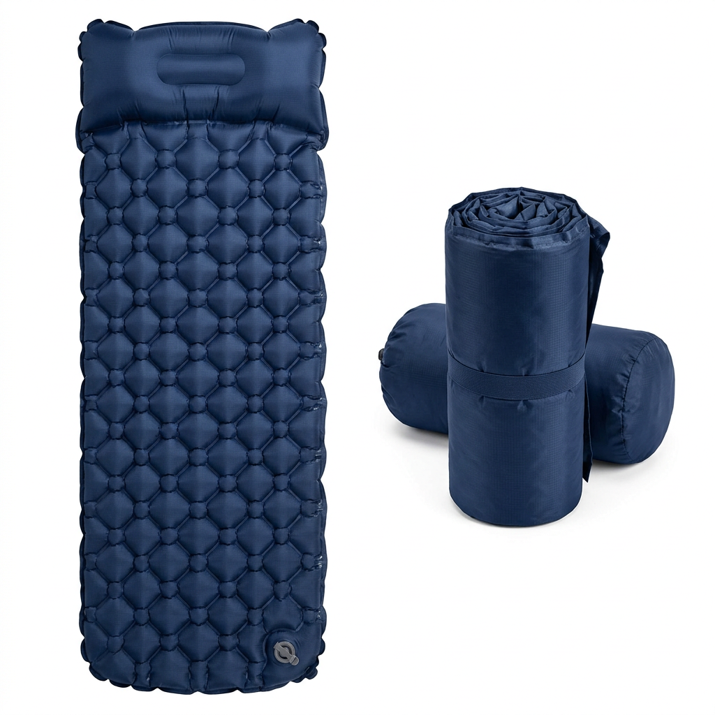 Inflatable camping sleeping pad in navy blue 40D ripstop nylon with integrated pillow and diamond air cells beside rolled unit with stuff sack on pure white background