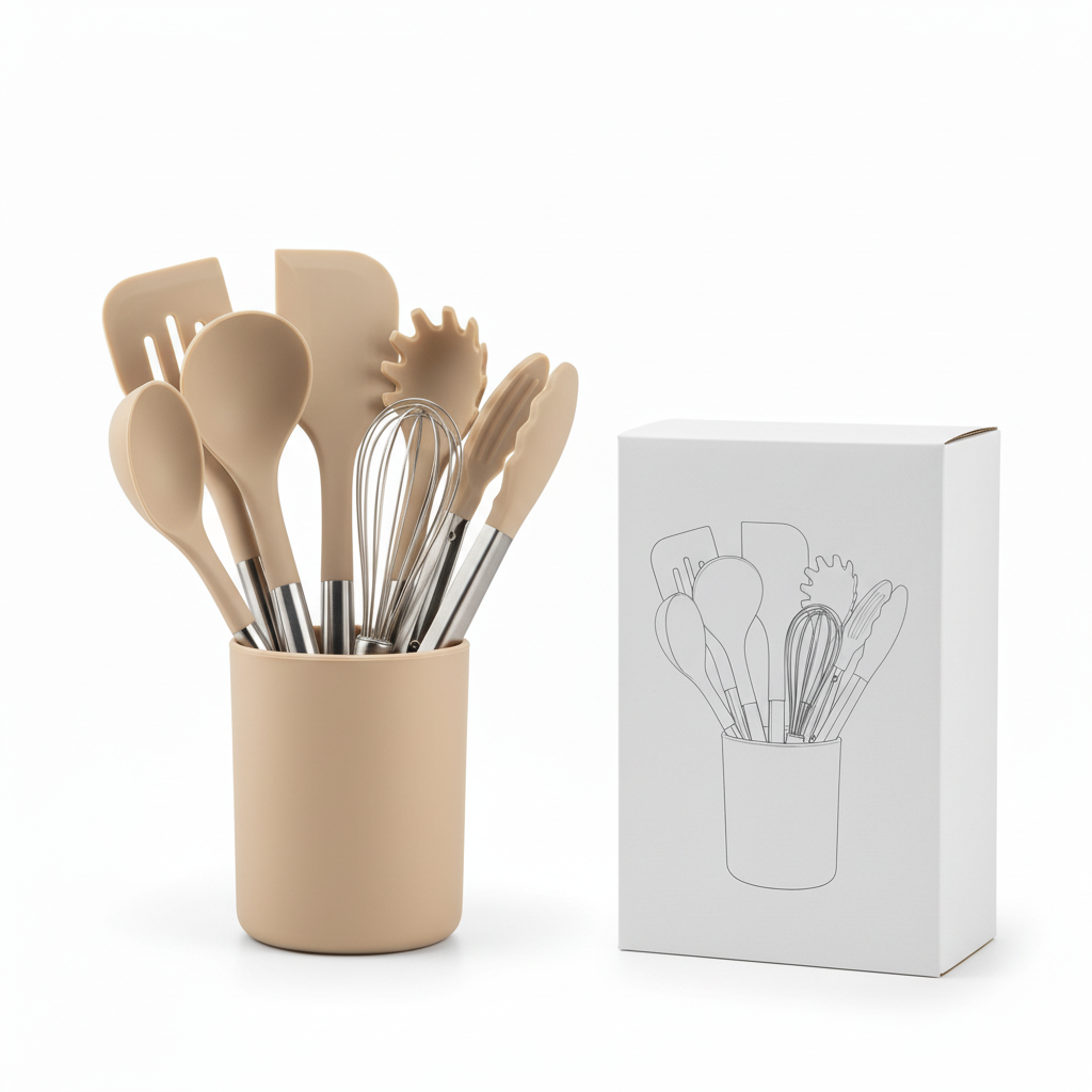 7-piece silicone kitchen utensil set in holder standing beside clean retail packaging box