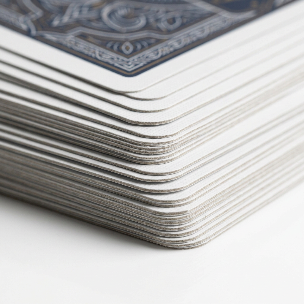 Detail close-up of custom playing cards showing 300gsm stock layers, die-cut rounded corners, and linen texture on white background