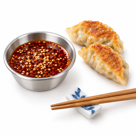 Compact stainless steel dipping sauce dish filled with red chili sauce beside golden pan-fried dumplings and chopsticks on a seamless pure white background