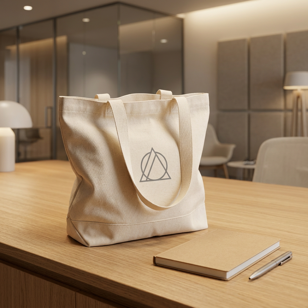 Natural cotton canvas tote bag resting on a corporate conference table beside a notebook for promotional event presentation