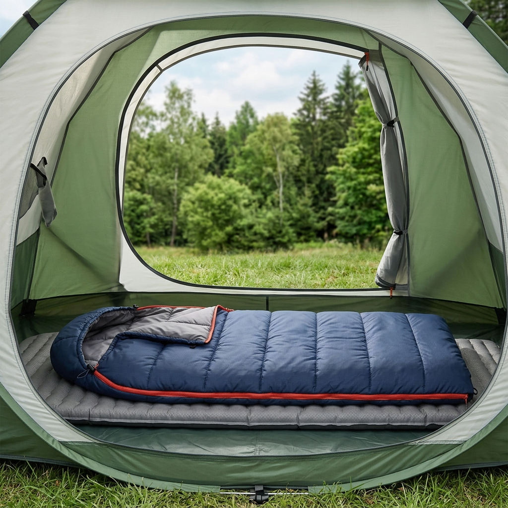 Camping sleeping bag laid out neatly inside a pop-up camping tent on a green campsite lawn