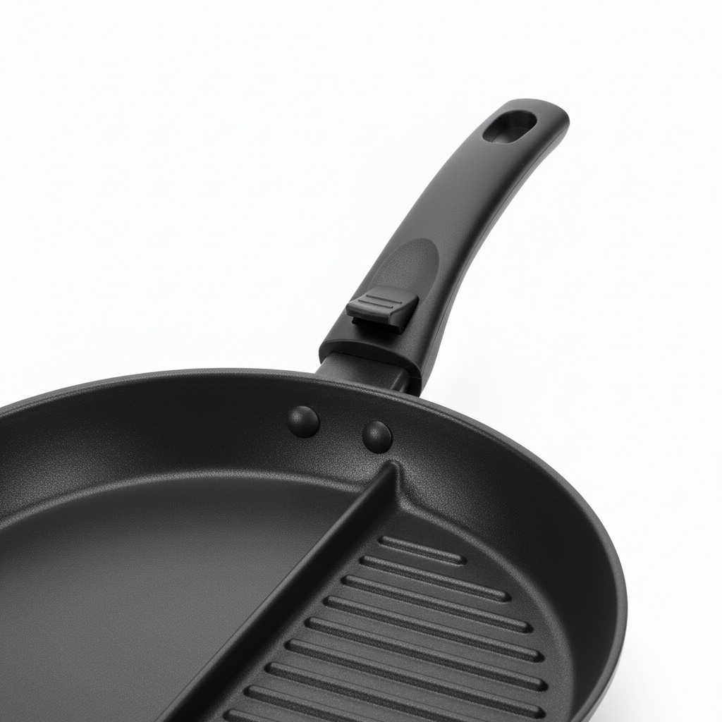 Macro detail of quick-release handle latch mechanism, flat frying surface, and grill ribs
