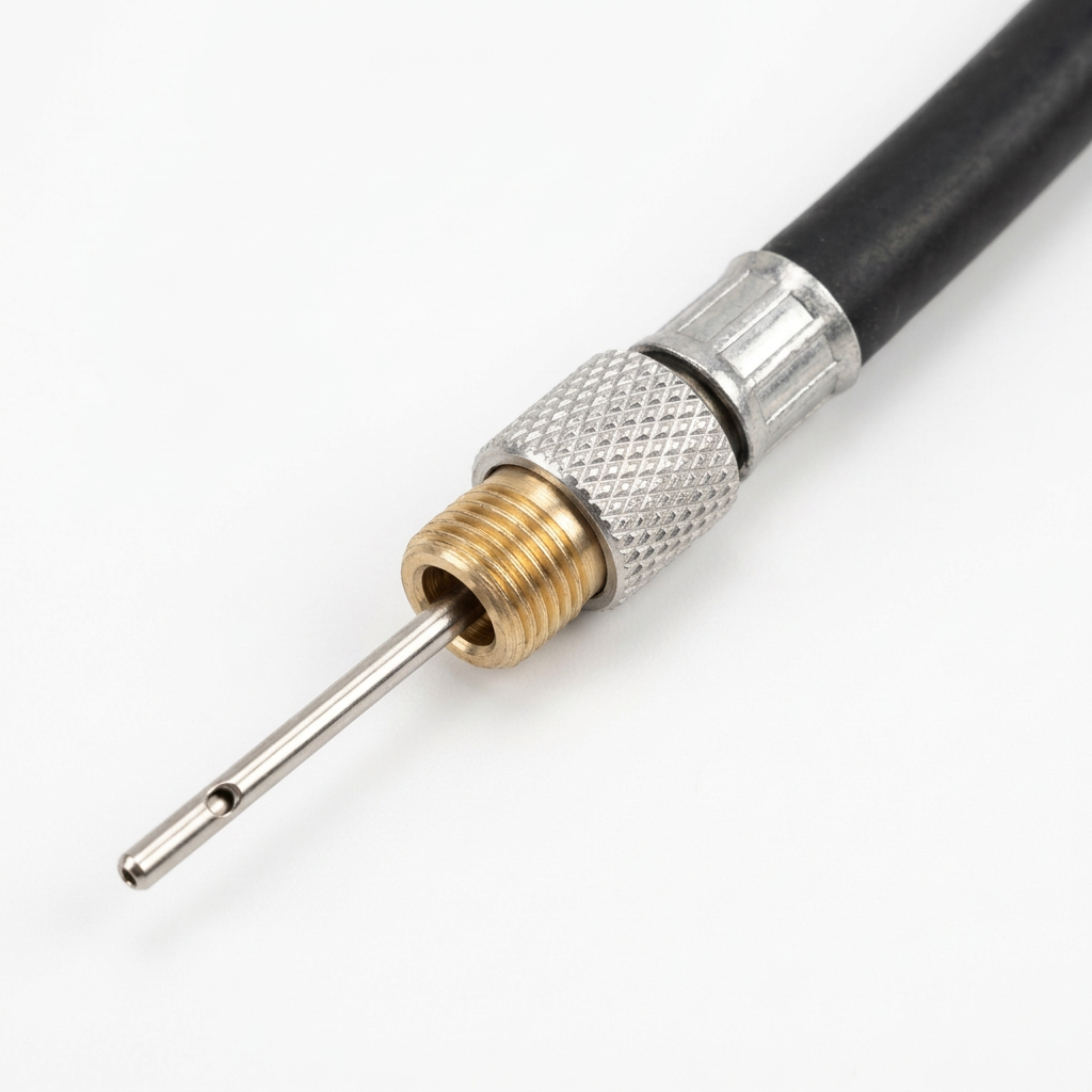 Detail close-up of portable ball pump brass valve connector, hose, and inflation needle on white background