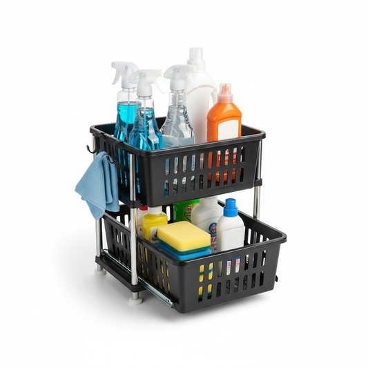 2-tier pull-out under sink storage organizer holding cleaning supplies on pure white background