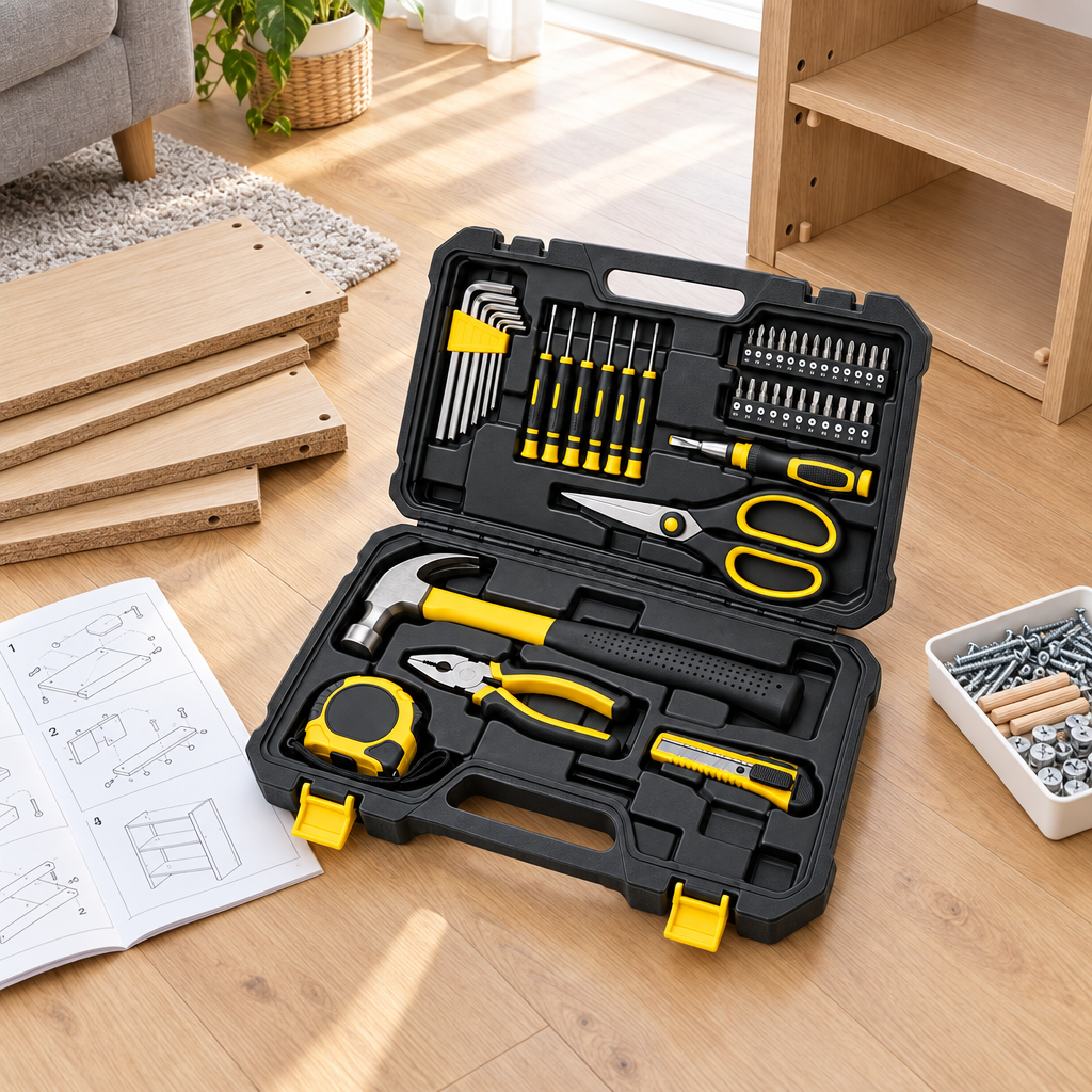 Opened household tool set resting on a wooden floor beside flat-pack furniture panels, dowels, and assembly instructions in a living room