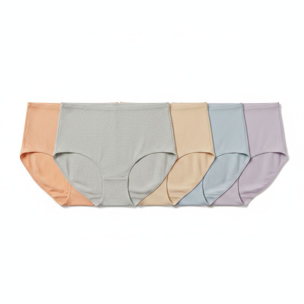 Multi-color flat lay of full coverage cotton briefs in five different colors