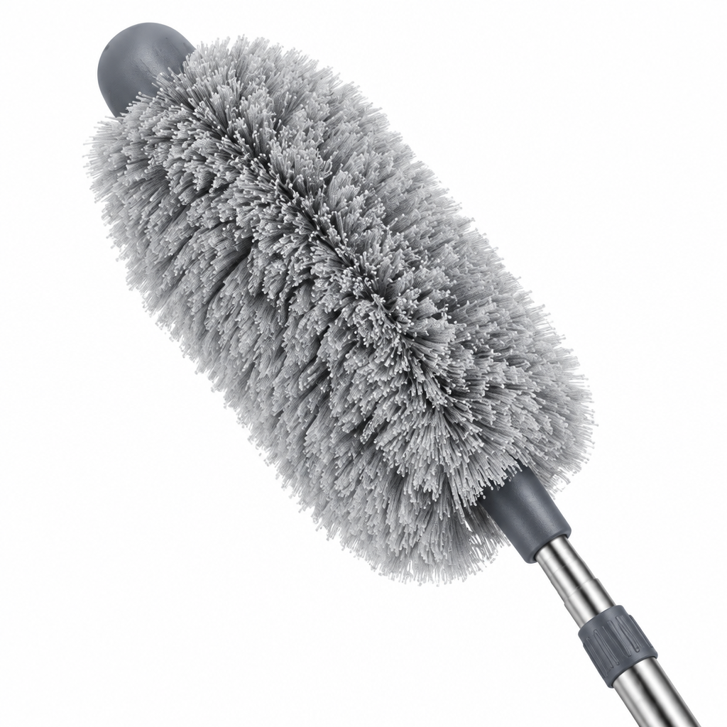 Close-up of the extendable feather duster fluffy microfiber head, protective silicone tip, and telescopic pole joint