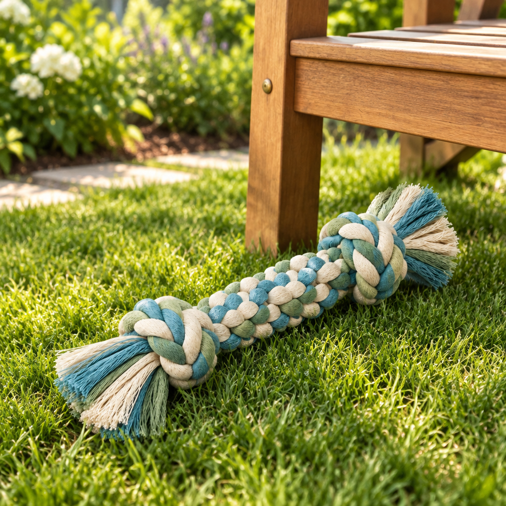 Braided cotton dog rope toy resting on green garden lawn beside wooden patio bench in bright outdoor sunlight