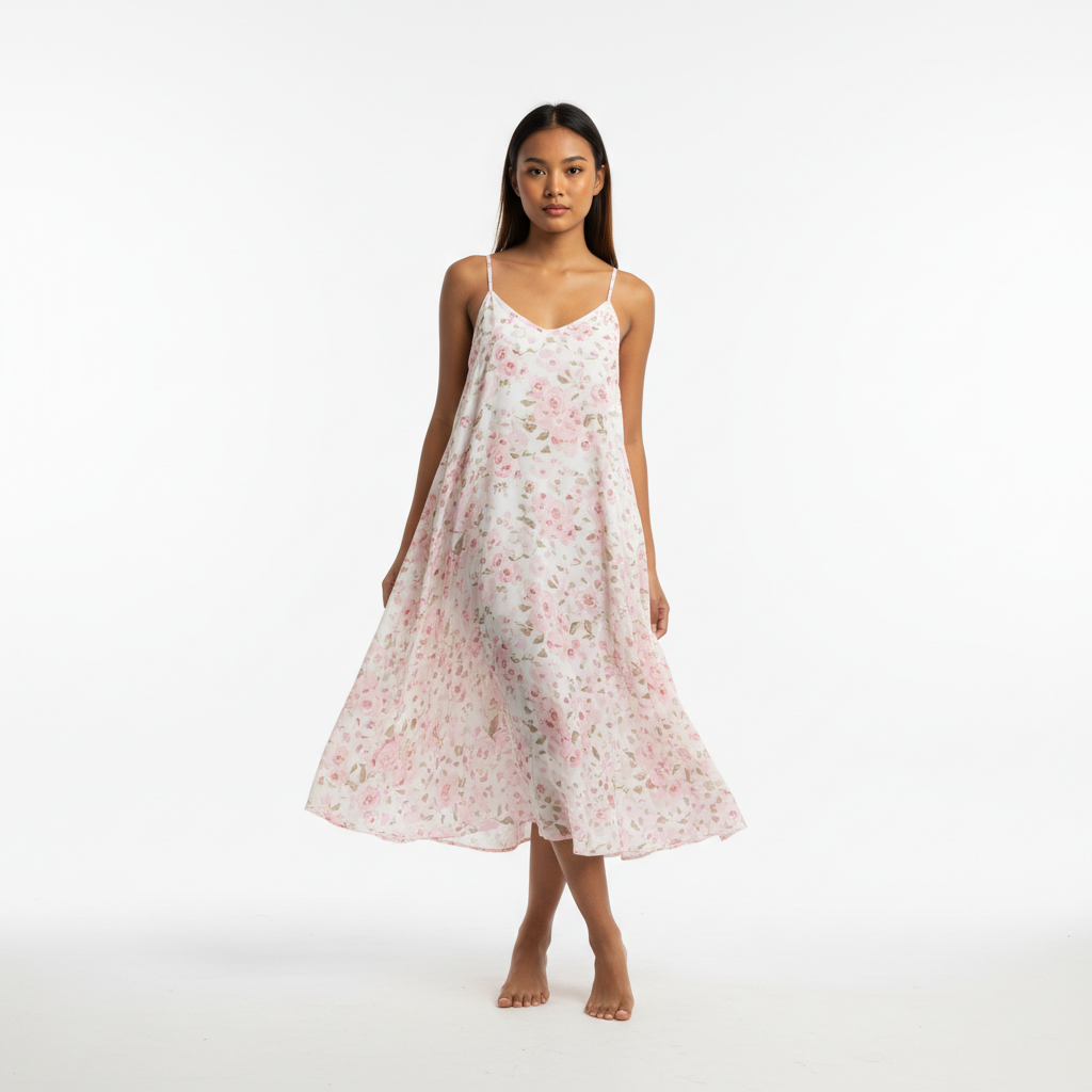 Thai female model pink floral spaghetti strap dress
