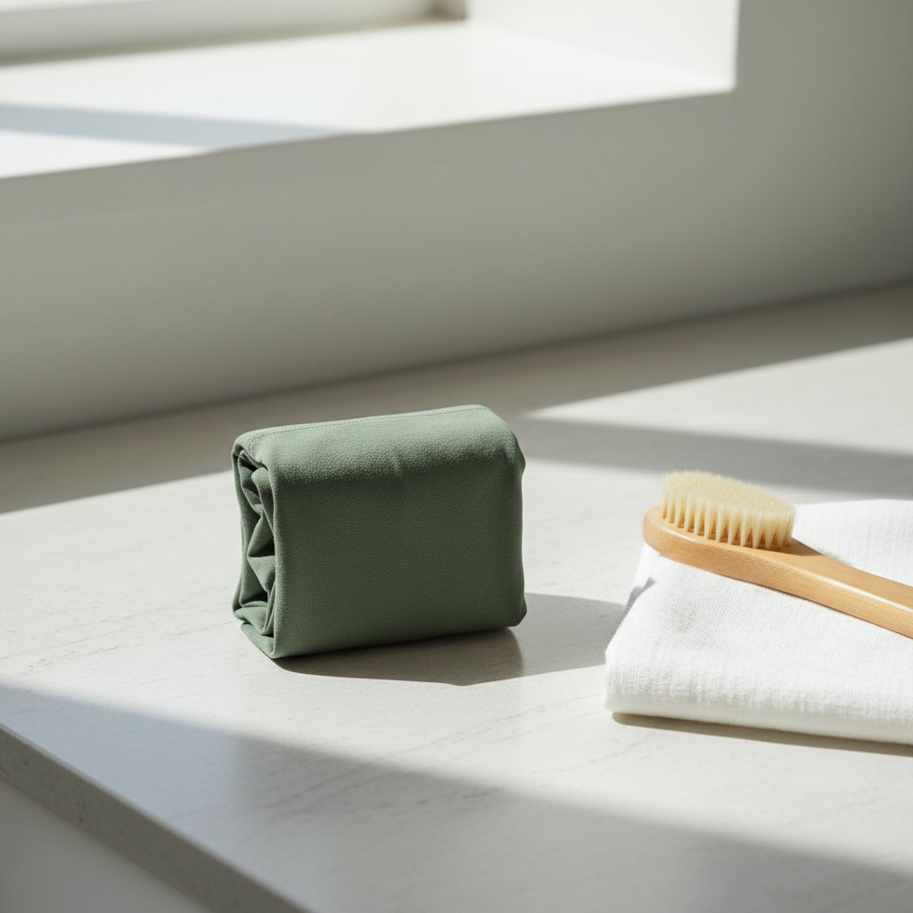 Lifestyle view of mid waist cotton briefs folded on a stone bathroom countertop
