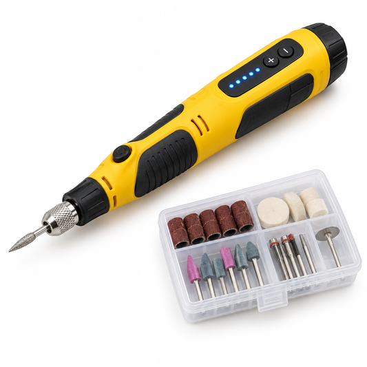 Cordless pen-style mini rotary tool with mounted diamond carving burr and a compact transparent organizer box containing 10 essential accessories on a pure white background