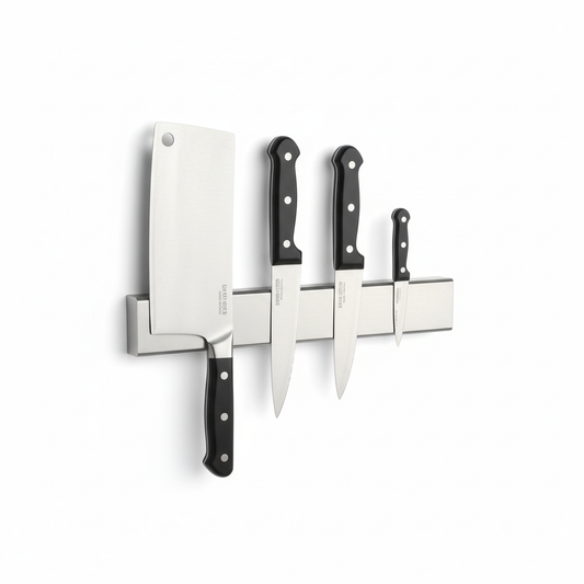 Wall-mounted magnetic knife holder bar with kitchen knives attached on pure white background