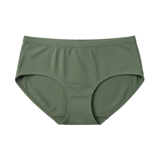 Front view of mid waist cotton briefs in muted olive green on white background