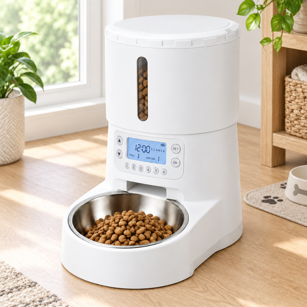 Automatic timed pet feeder dispensing dry kibble on hardwood floor in home pet dining area