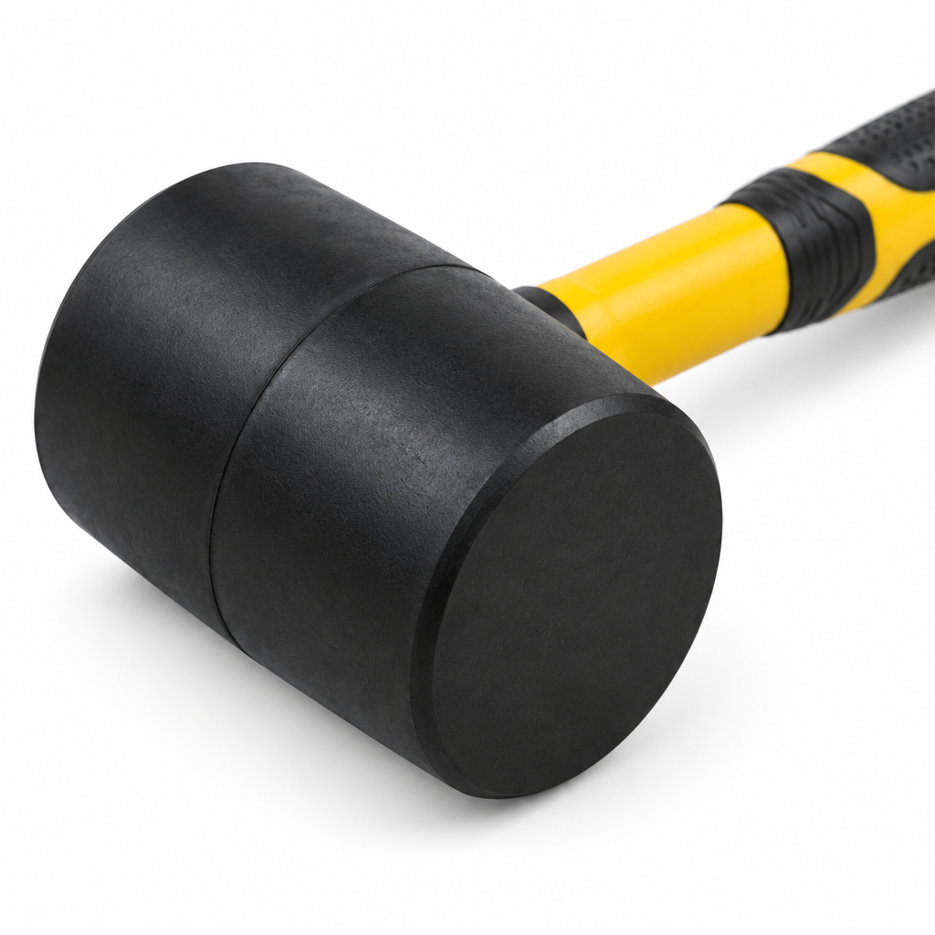 Close-up macro view of the dense black rubber mallet head showing the smooth circular striking face and reinforced neck connection on a pure white background
