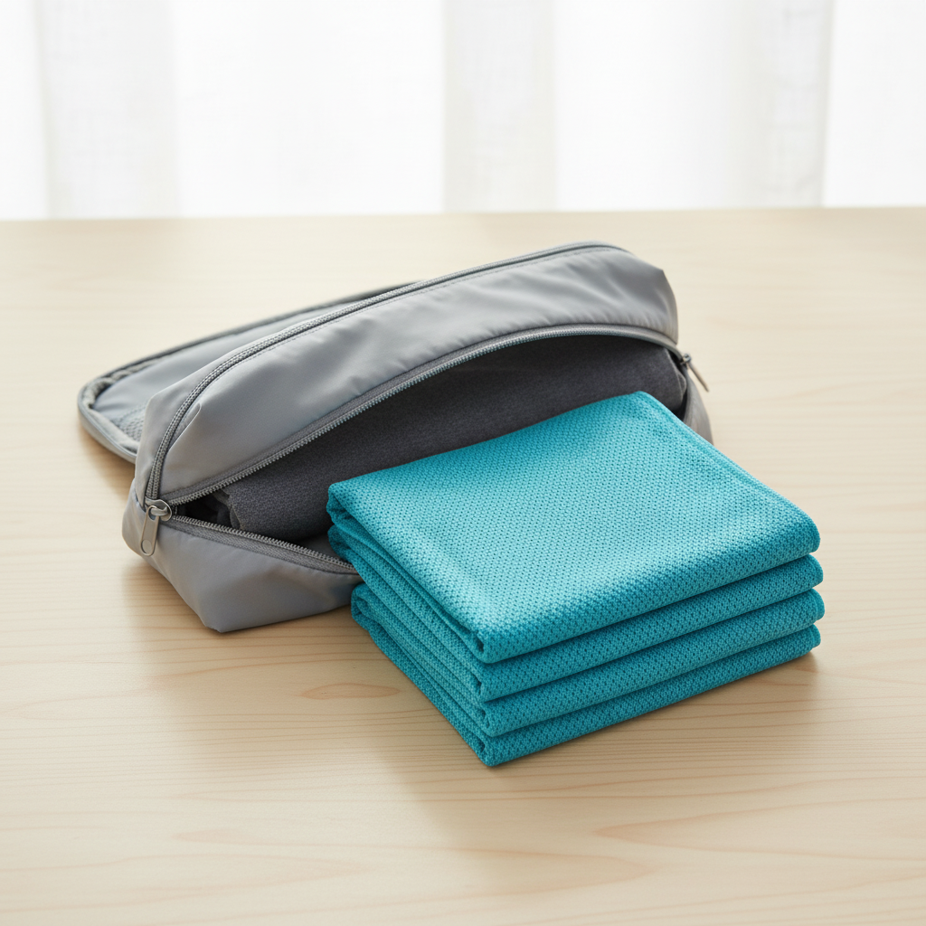 Aqua-blue mesh cooling towel folded into a compact layered rectangle beside the open compartment of a small light-gray travel bag.
