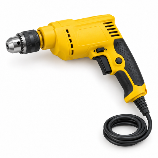3/8-inch AC corded electric drill with all-metal chuck, variable speed trigger, lock button, and heavy-duty power cord on a seamless pure white background
