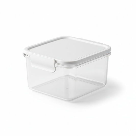 Rectangular clear food storage container with white flip-top lid closed on pure white background