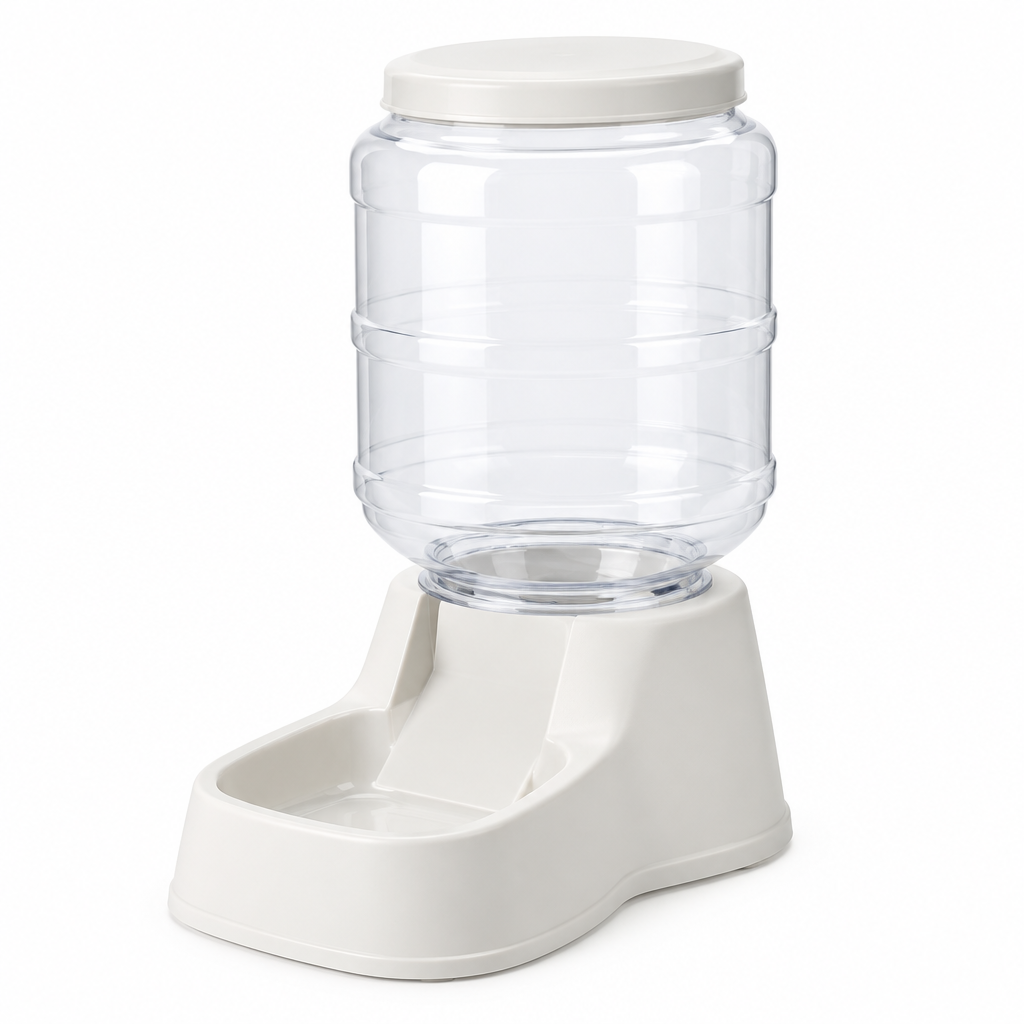 Non-electric gravity pet food dispenser with clear hopper on pure white background