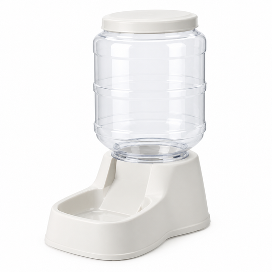 Non-electric gravity pet food dispenser with clear hopper on pure white background