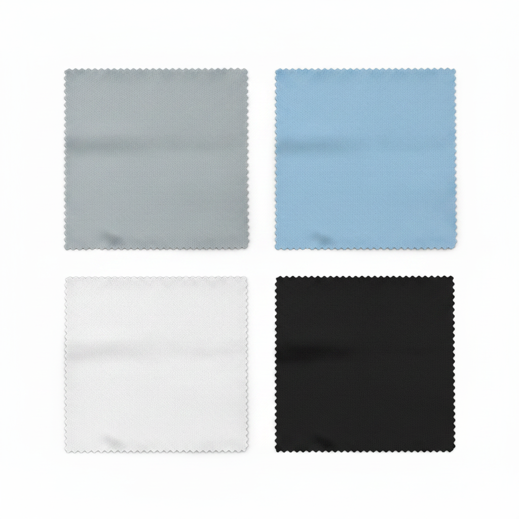 Assorted optical color options of microfiber lens cleaning cloths flat lay on white background