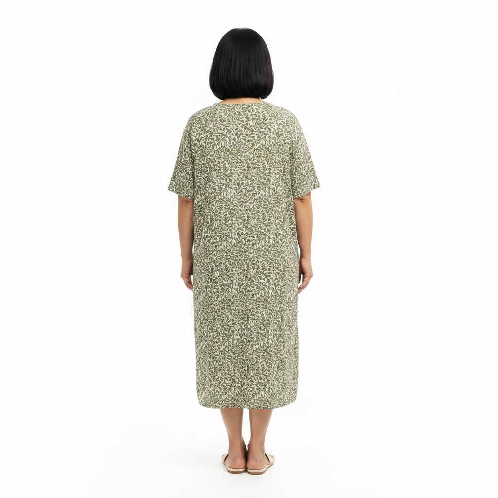 Back view of round neck printed relaxed midi dress on white background