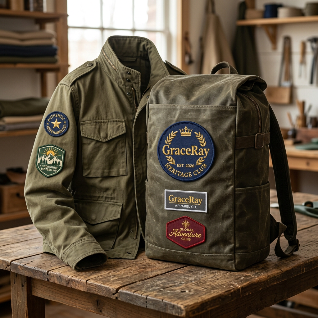 Custom embroidered patches sewn onto jacket sleeves and canvas backpacks in a workshop setting