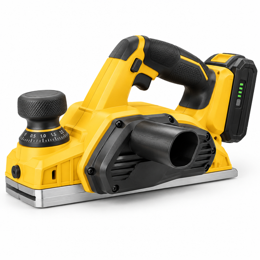 Side profile of a 20V cordless 82mm electric wood planer with depth adjustment knob handle, aluminum base shoe, and lithium battery on a pure white background