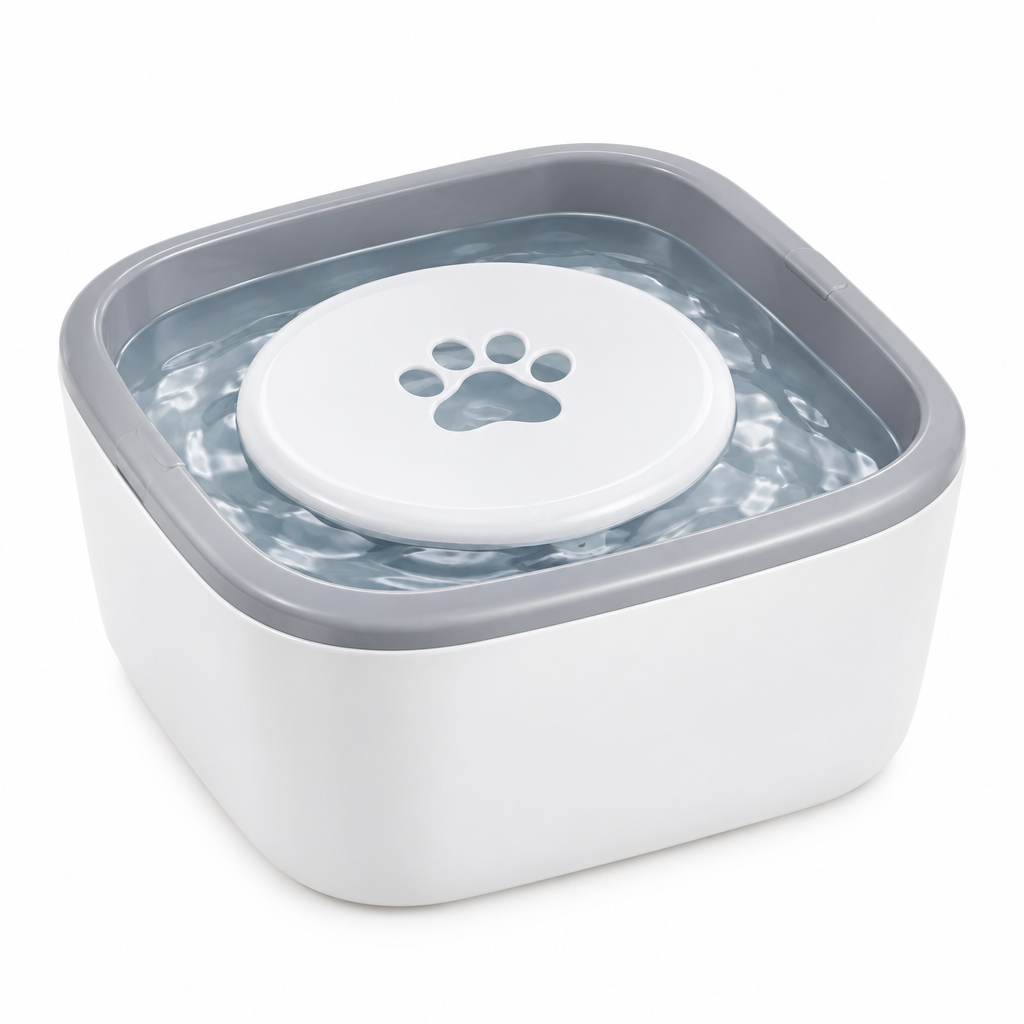 Anti-spill pet water bowl with floating disk and splash-proof rim on pure white background