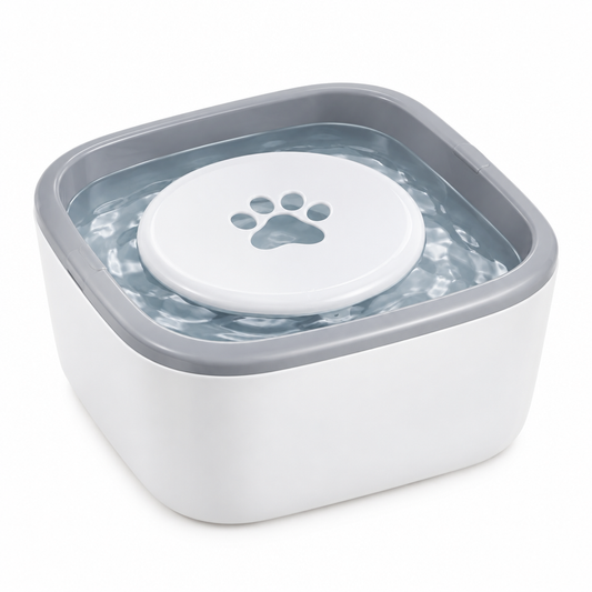 Anti-spill pet water bowl with floating disk and splash-proof rim on pure white background