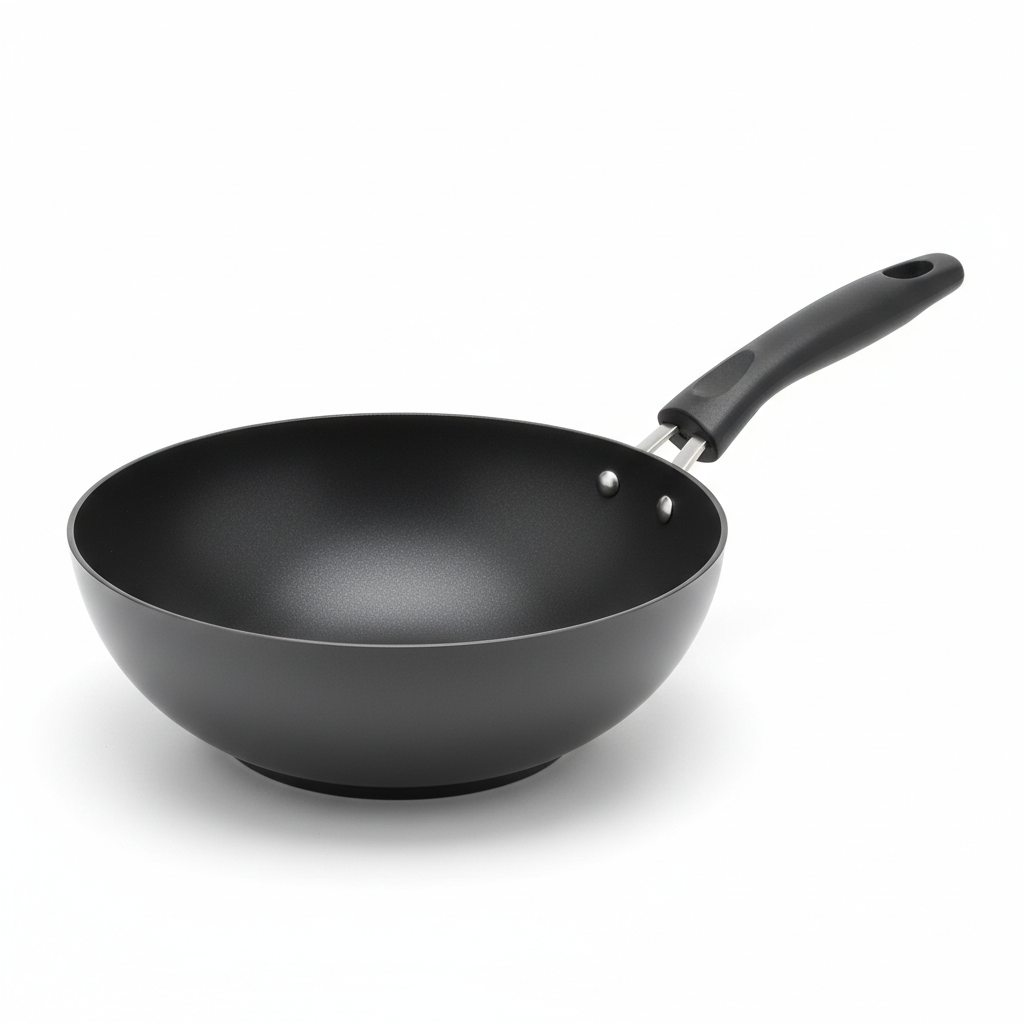 Classic round aluminum non-stick wok with deep curved cooking bowl and heat-resistant handle on a white background.