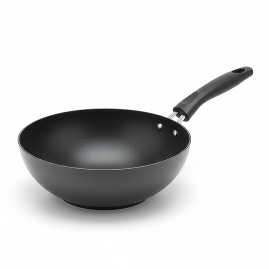 Classic round aluminum non-stick wok with deep curved cooking bowl and heat-resistant handle on a white background.