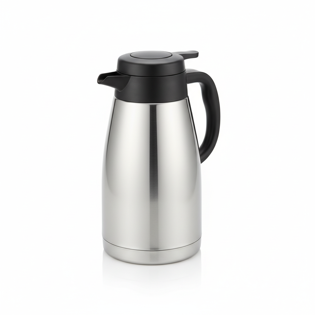 Double-wall stainless steel thermal carafe with push-button dispensing lid on pure white background