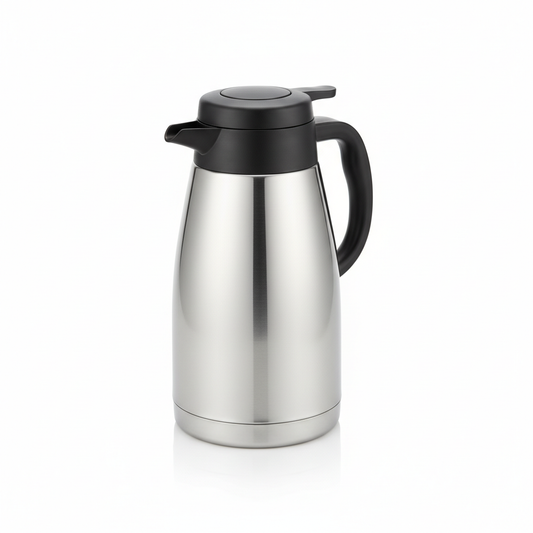 Double-wall stainless steel thermal carafe with push-button dispensing lid on pure white background