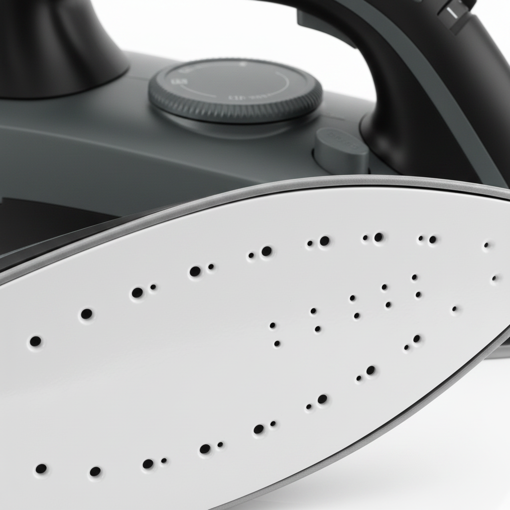 Macro detail of smooth ceramic non-stick soleplate and temperature control dial