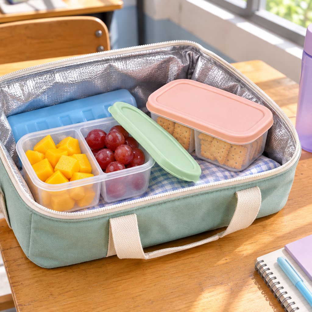 Compact divided snack container packed with fruit chunks and crackers inside an insulated lunch bag in Thailand
