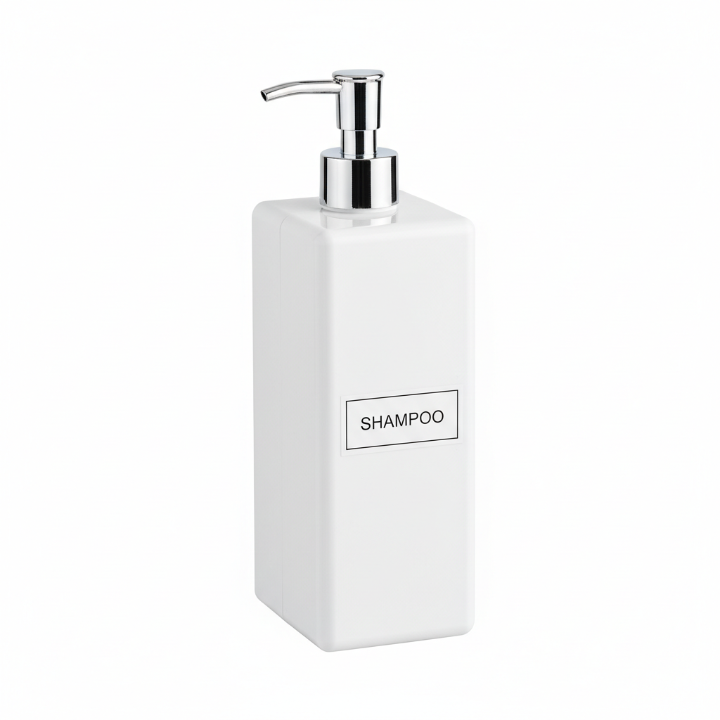 Refillable hotel shampoo dispenser wall-mount ABS unit with manual pump on white background, single compartment hospitality bathroom amenity