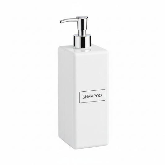 Refillable hotel shampoo dispenser wall-mount ABS unit with manual pump on white background, single compartment hospitality bathroom amenity