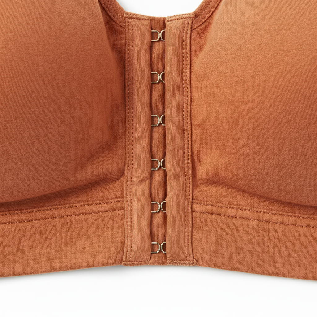 Extreme close-up of sturdy front center closure mechanism and soft cotton texture