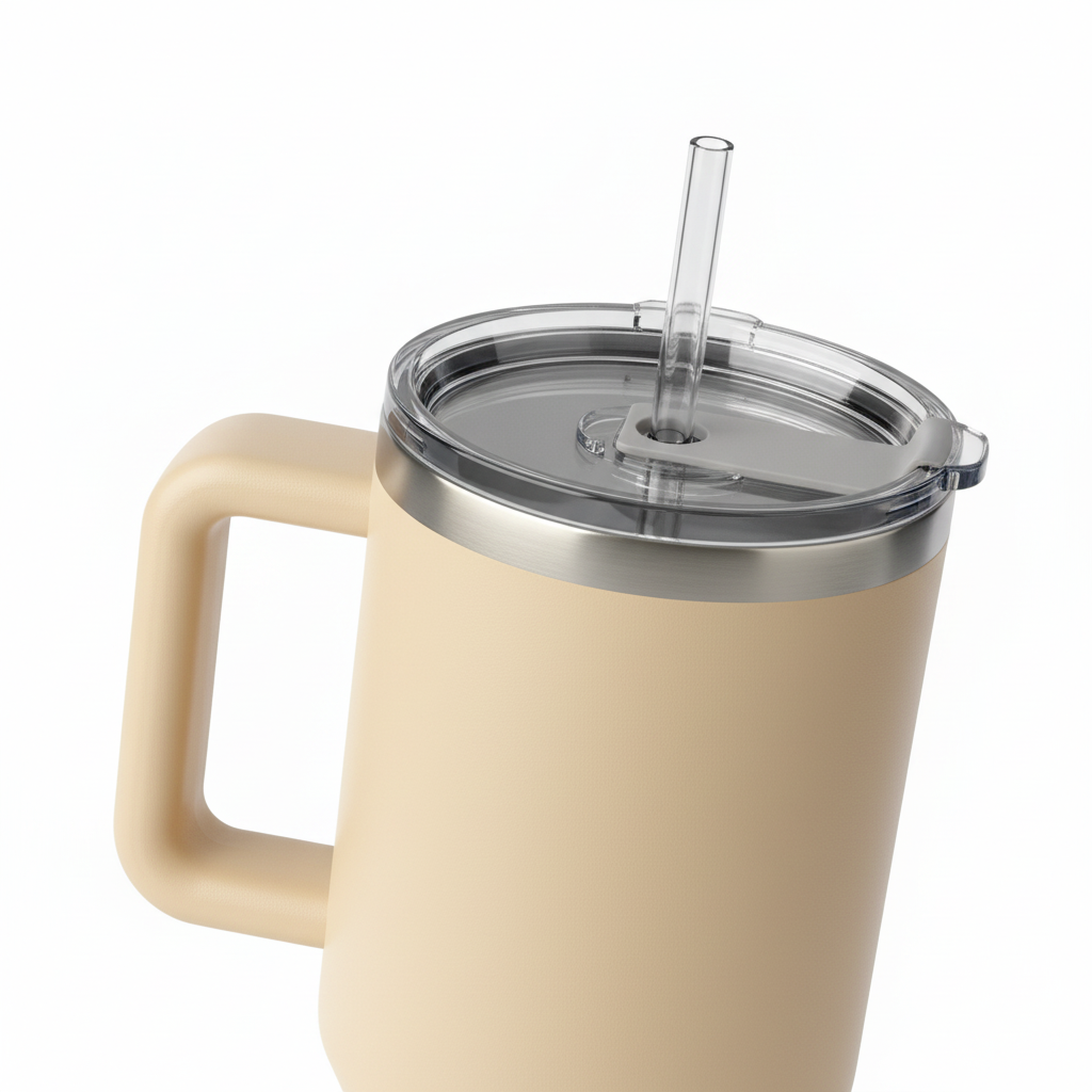 Close-up of drinking lid, straw port, and ergonomic handle on insulated tumbler