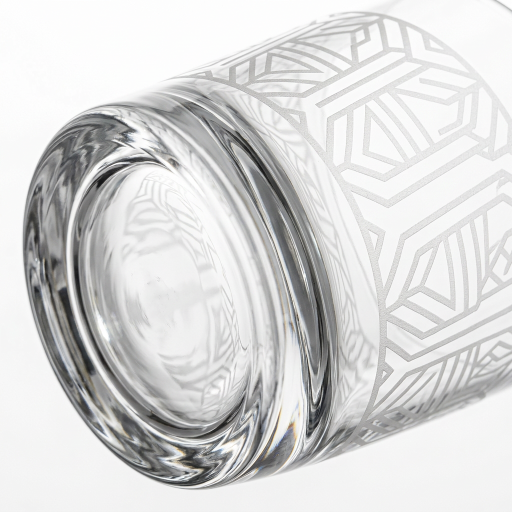 Detail close-up of glass tumbler showing weighted solid glass base, laser-cut rim, and frosted acid-etched monogram on white background