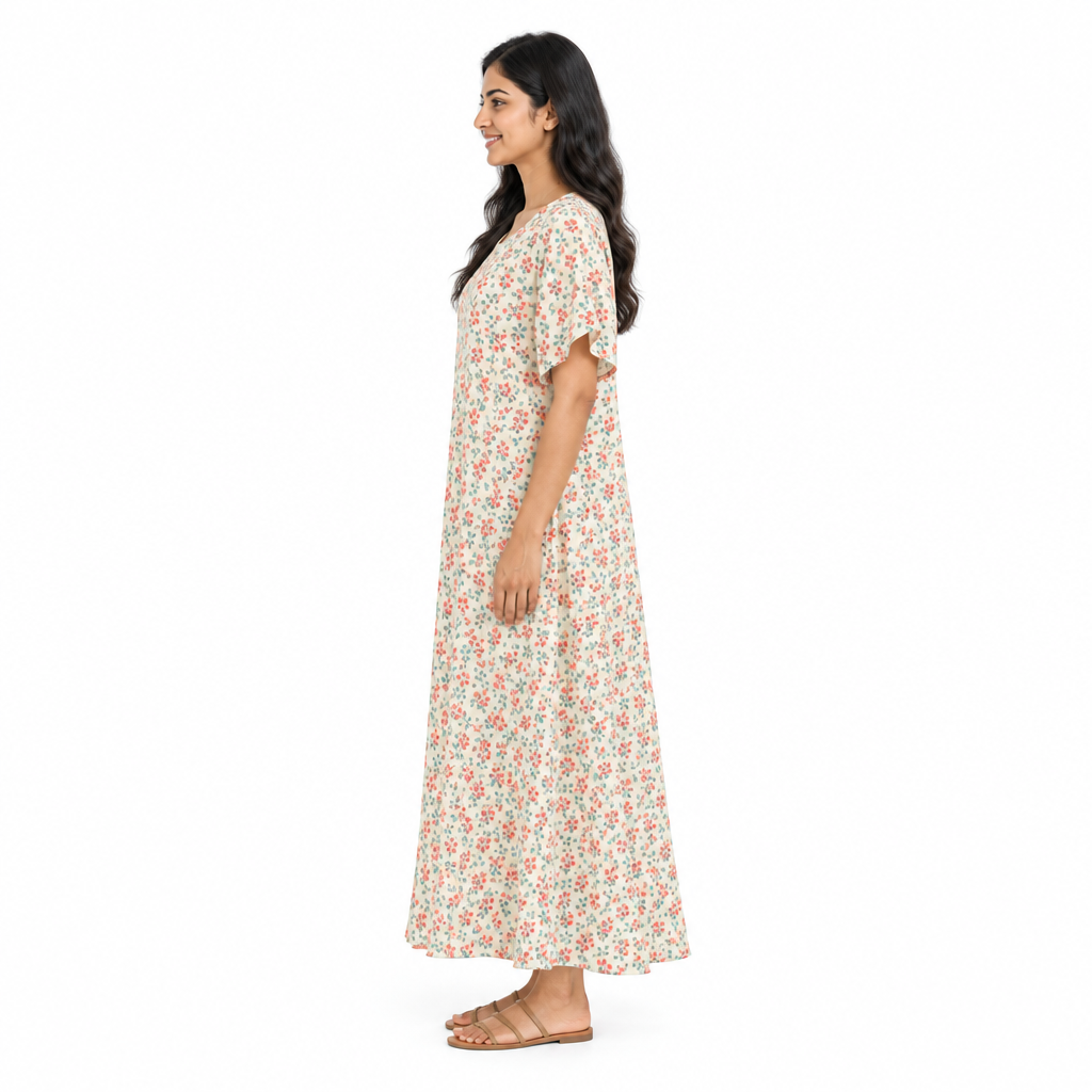 Side profile of model wearing ivory small-floral loose short-sleeve kaftan dress on a white background