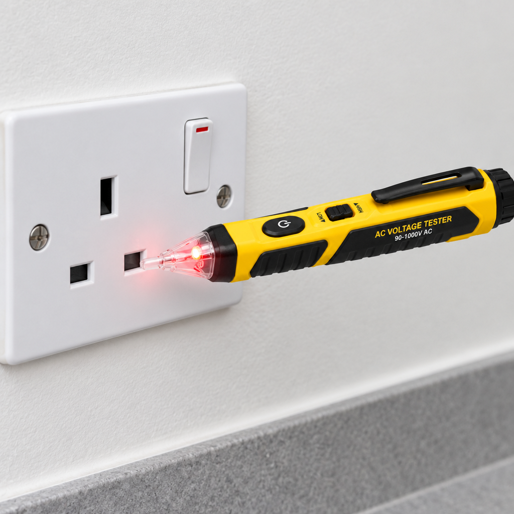Non-contact voltage tester positioned near an electrical wall outlet with red LED probe tip glowing during testing
